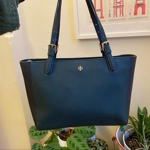 Tory Burch, Saffiano Tote Bag, Dark Green/Navy